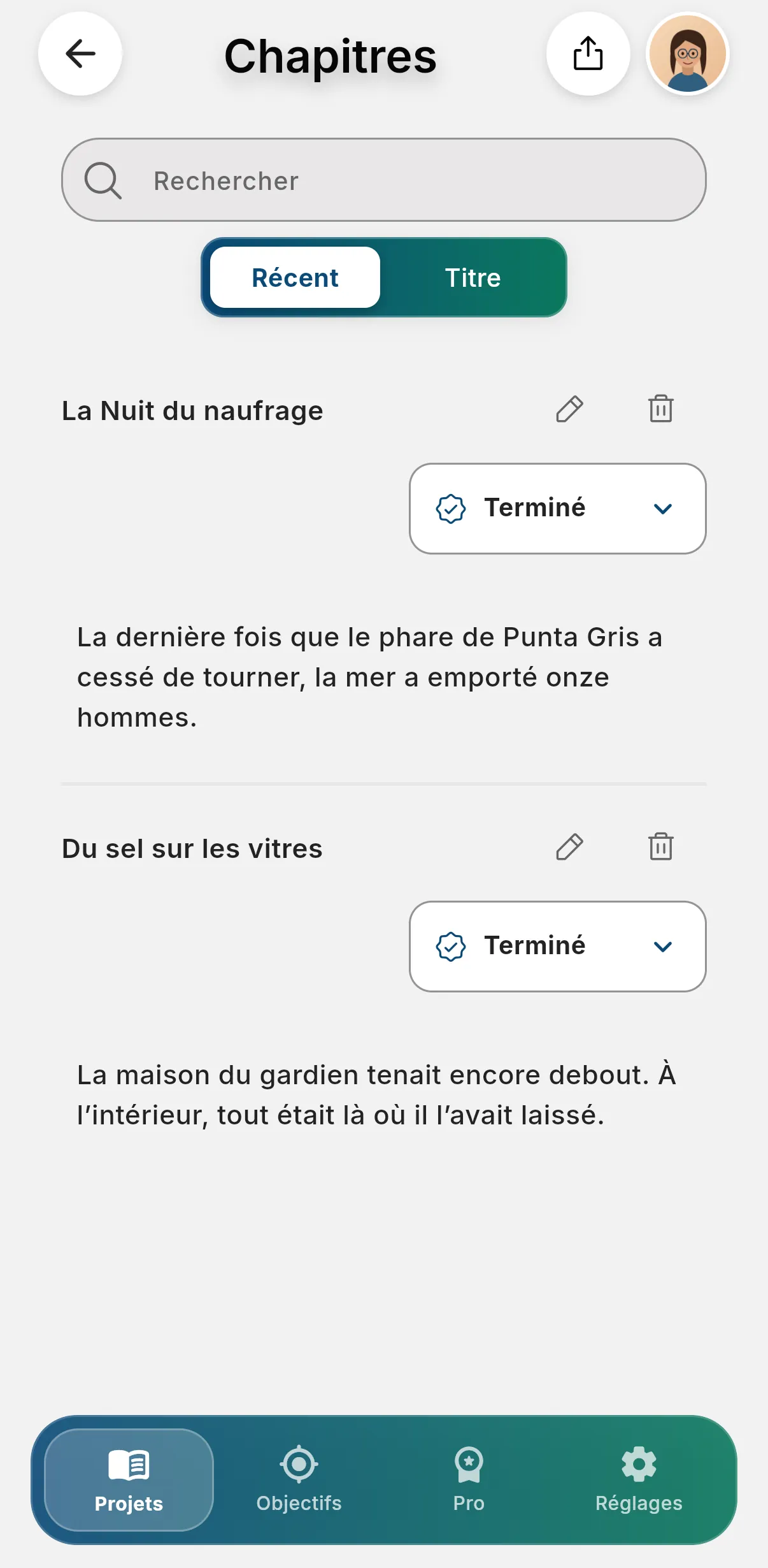 Vue des chapitres d’Other Twist sur mobile