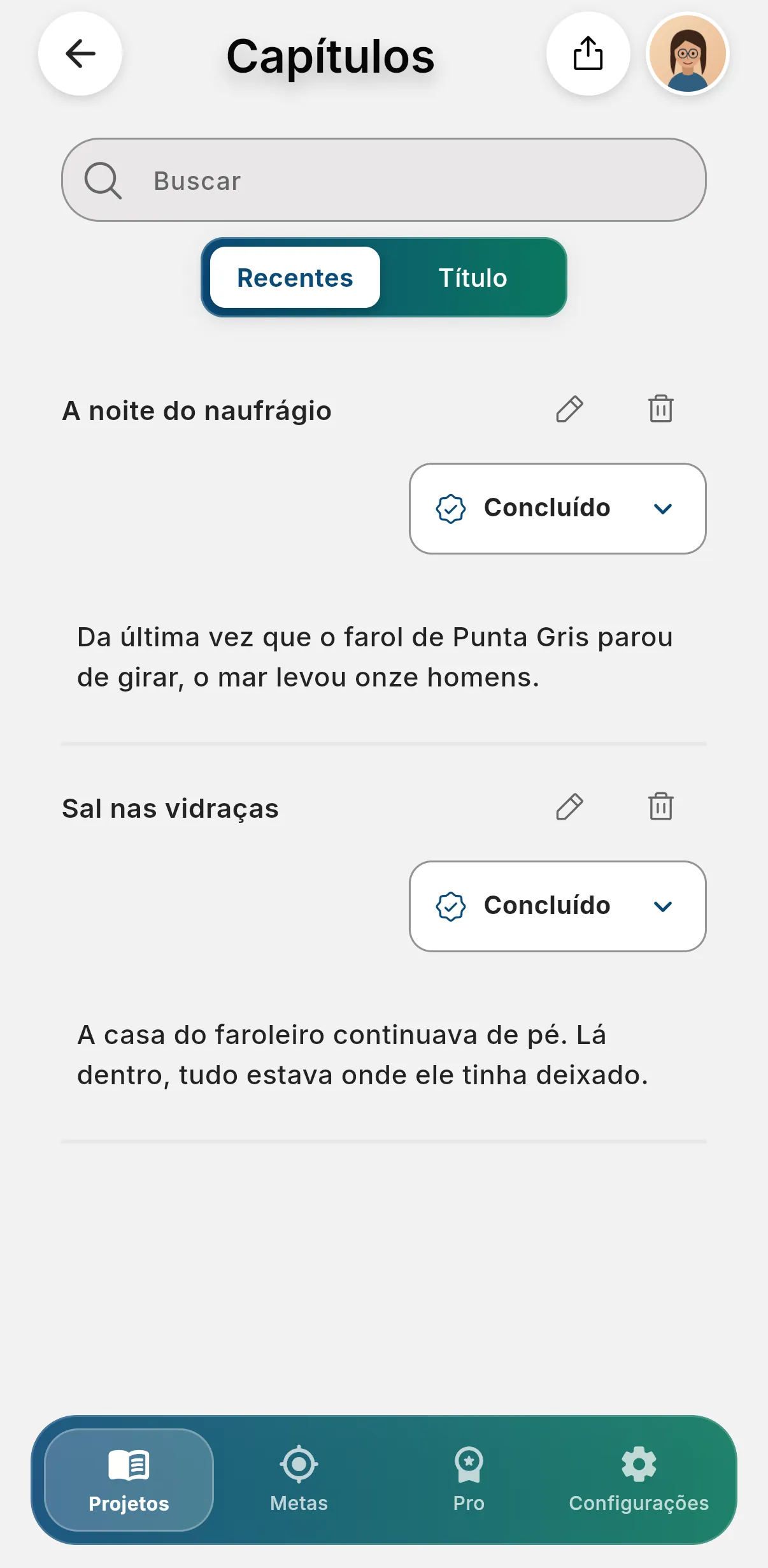 Tela de capítulos do Other Twist no celular