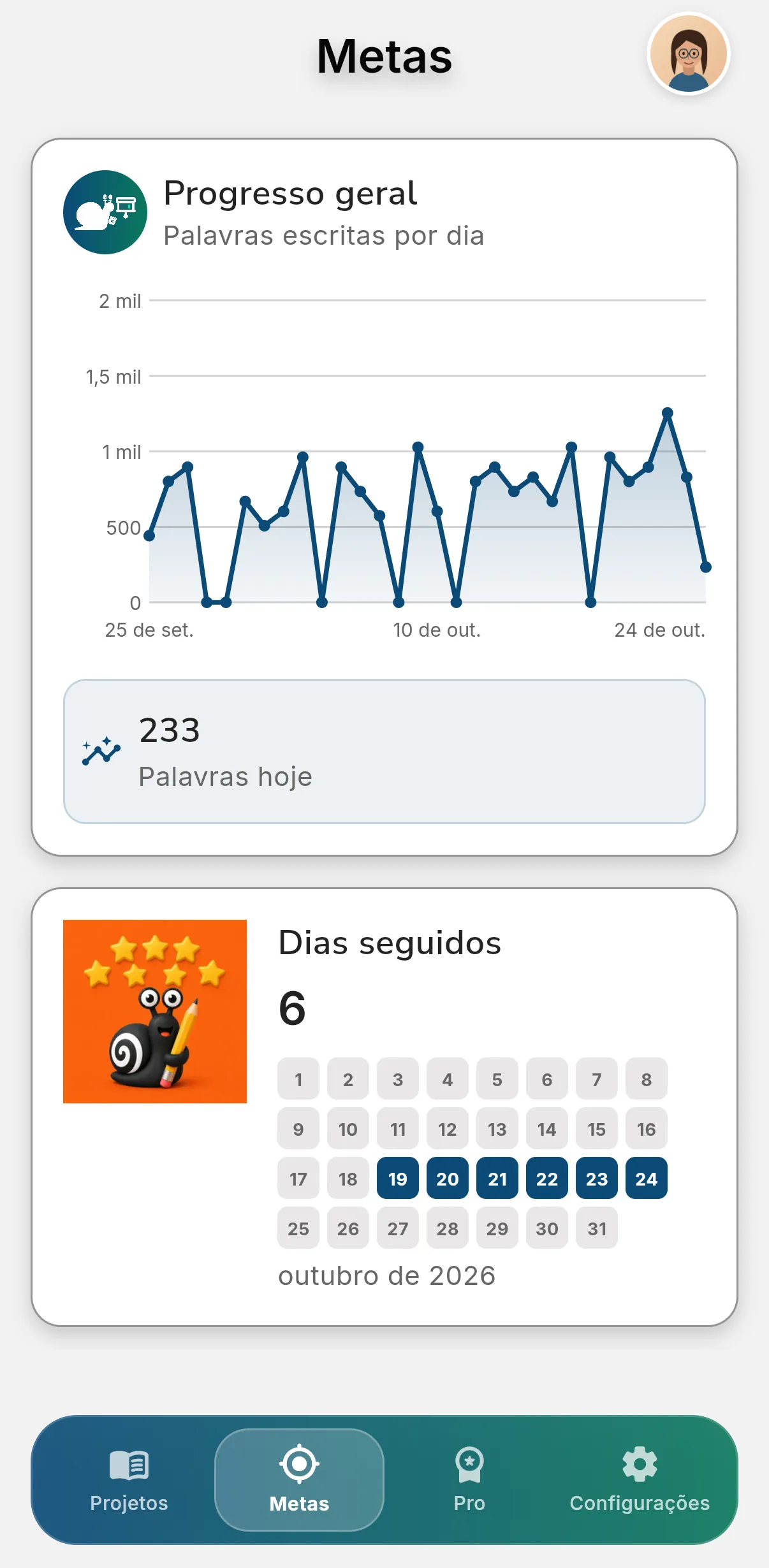Tela de metas do Other Twist mostrando o progresso da escrita
